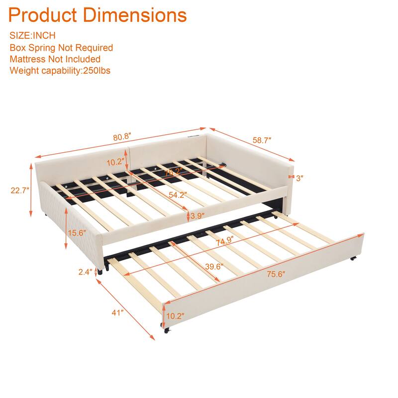 Upholstered Daybed with Trundle - Modern Diamond Grid Design on Sturdy Wood Frame for Guest Room
