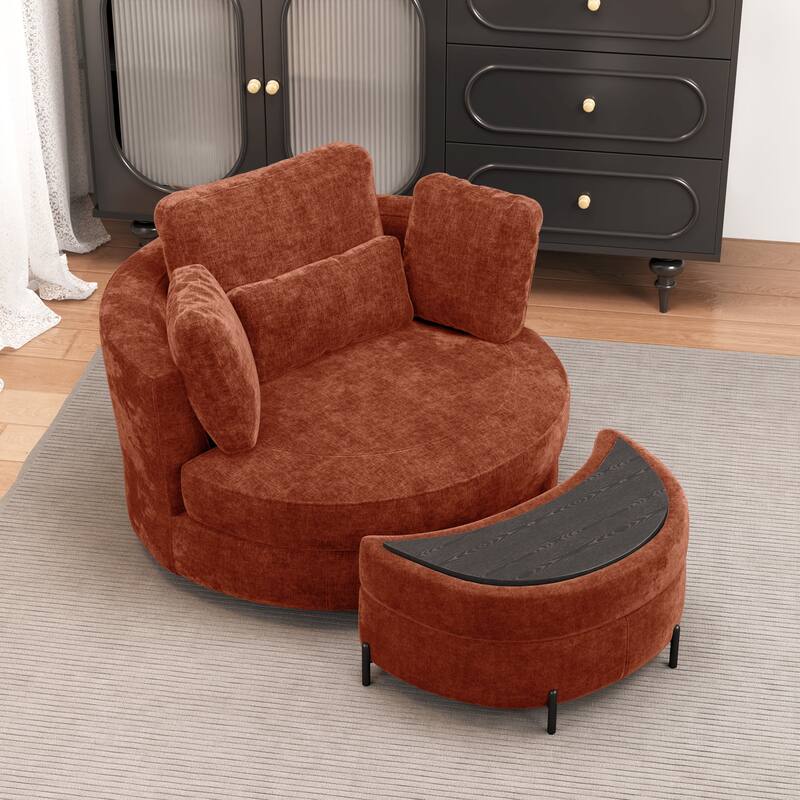 Modern Chenille 360° Swivel Accent Barrel Chair and Storage Ottoman