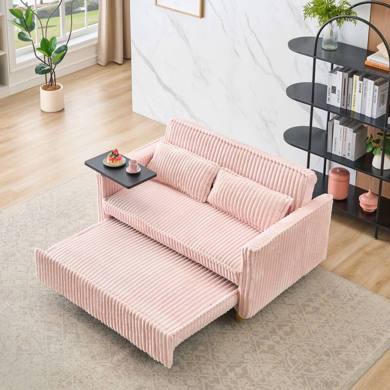 Pink Corduroy Pull-out and Push-in Sofa with Movable Tabletop and USB Ports
