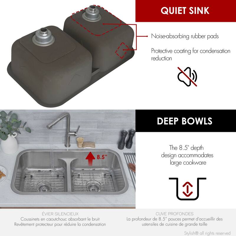 STYLISH 32.25 inch Low Divider Double Bowl Undermount and Drop-in Kitchen Sink - 32.25" x 18.9" x 9"