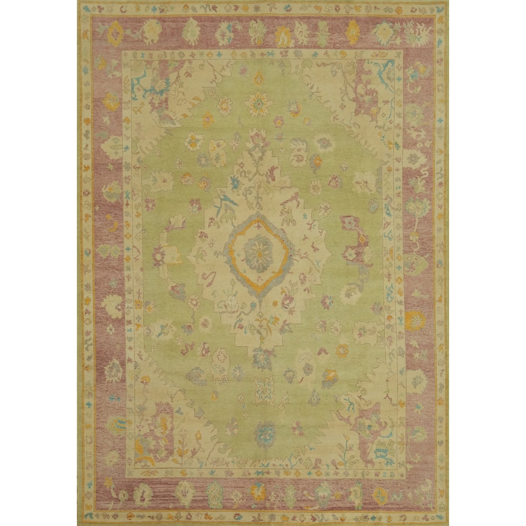 Vegetable Dye Green Oushak Turkish Area Rug, Floral Geometric Carpet - 12' 1'' X 9' 2''