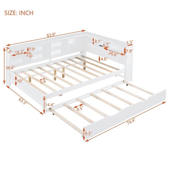 dimension image slide 7 of 8, L-shape Daybed Wooden Sofa Bed Corner Bed with Bookcase Guardrail Built-in USB Charging Ports, Space-saving Bed
