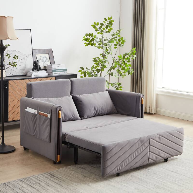 54" Velvet Pull-Out 2-Seater Sofa Bed with Adjustable Backrest & 2 Pillows