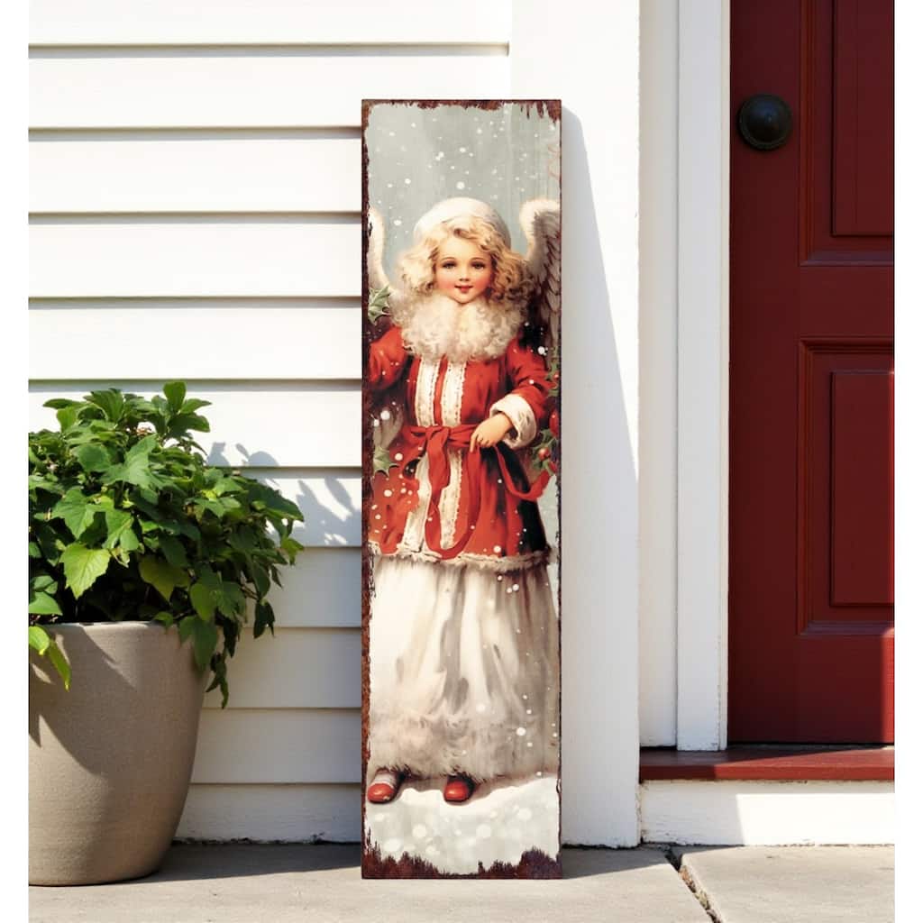 HomeRoots 36" Red And White Solid Wood Christmas Snow Scene Porch Sign