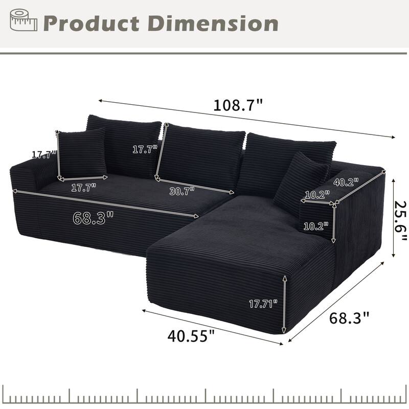Roomfitters Modular Sectional Sofa L-Shape Cloud Couch with Oversized Left Facing Chaise, Memory Foam 2-Seat Sofa
