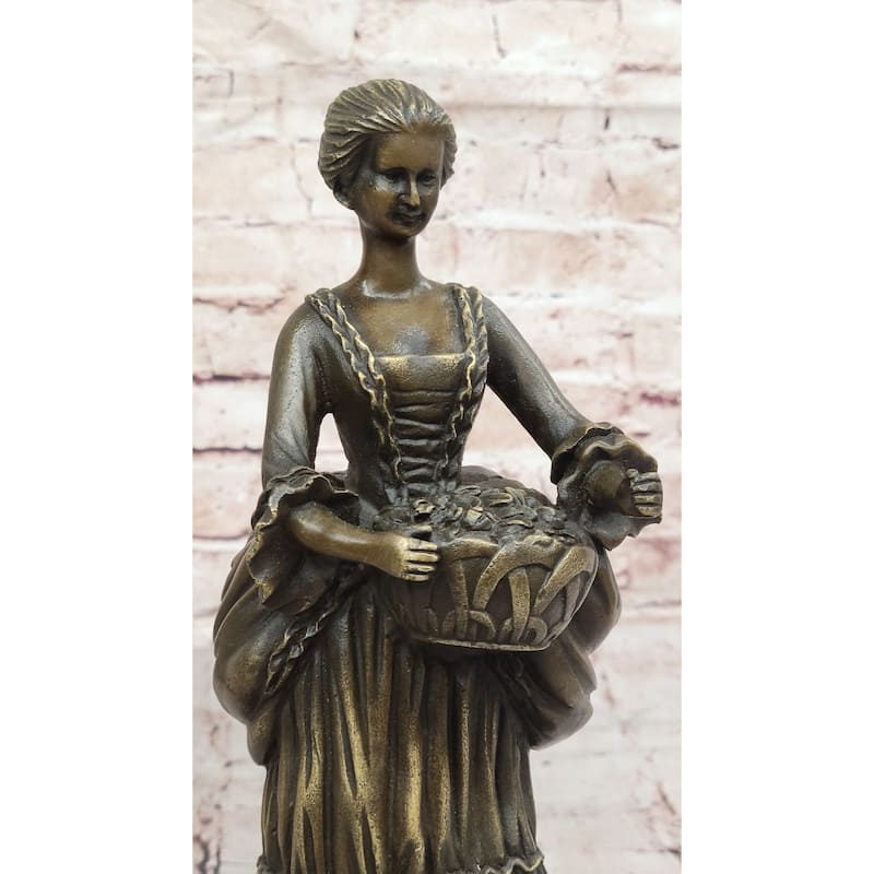 Bronze Country Maiden Statue – Charming Woman With Basket Sculpture For Rustic Decor