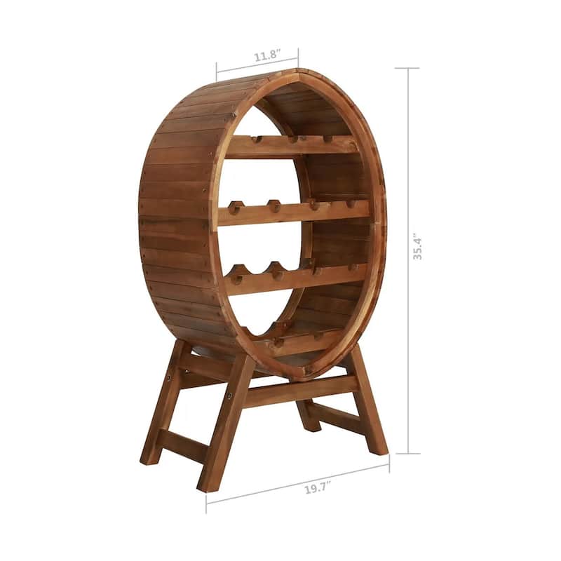Oval Wine Rack, 13 Bottles, 35 Inch Tall Brown Solid Acacia Wood Frame
