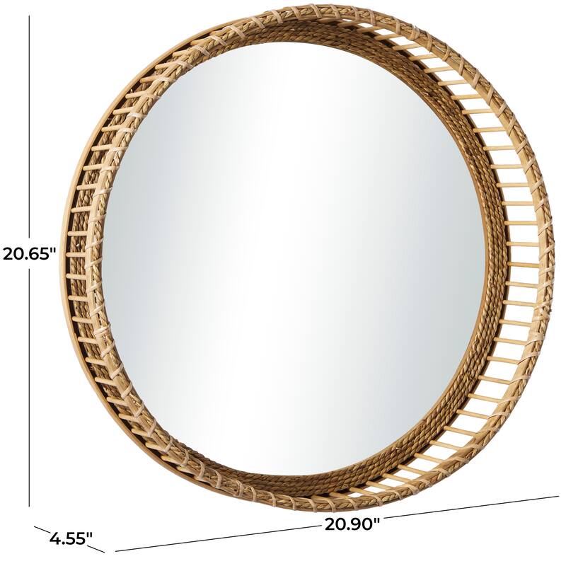 Light Brown Bamboo Wood Handmade Woven Wall Mirror - 21"W, 21"H