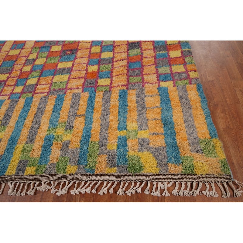 Colorful Checkered Moroccan Plush Area Rug Handmade Wool Carpet - 8'8" x 12'9"
