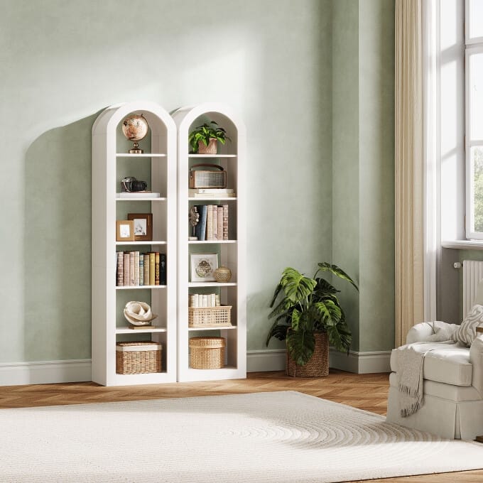 6-Tier Wooden Tall Bookshelf, 74.8 Inches Rustic Arched Bookcase - 2PCS - White