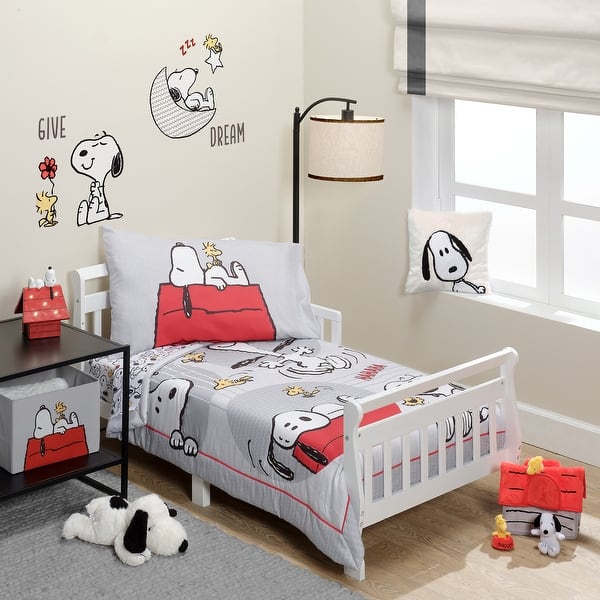 slide 2 of 8, Bedtime Originals Snoopy Love 4-Piece Toddler Bedding Set - Gray/Red/White