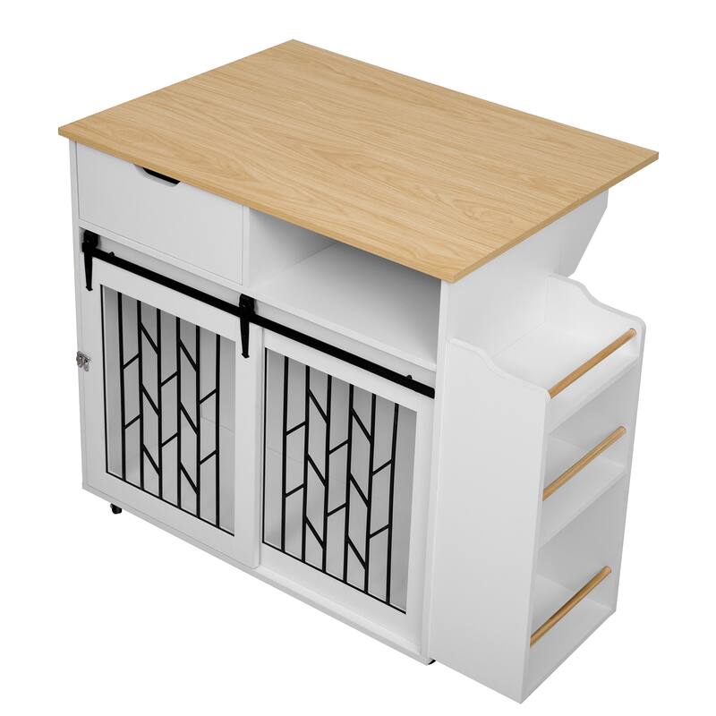 2-in-1 Dog Crate Kitchen Island with Sliding Door，Open Side Shelf, Drawer