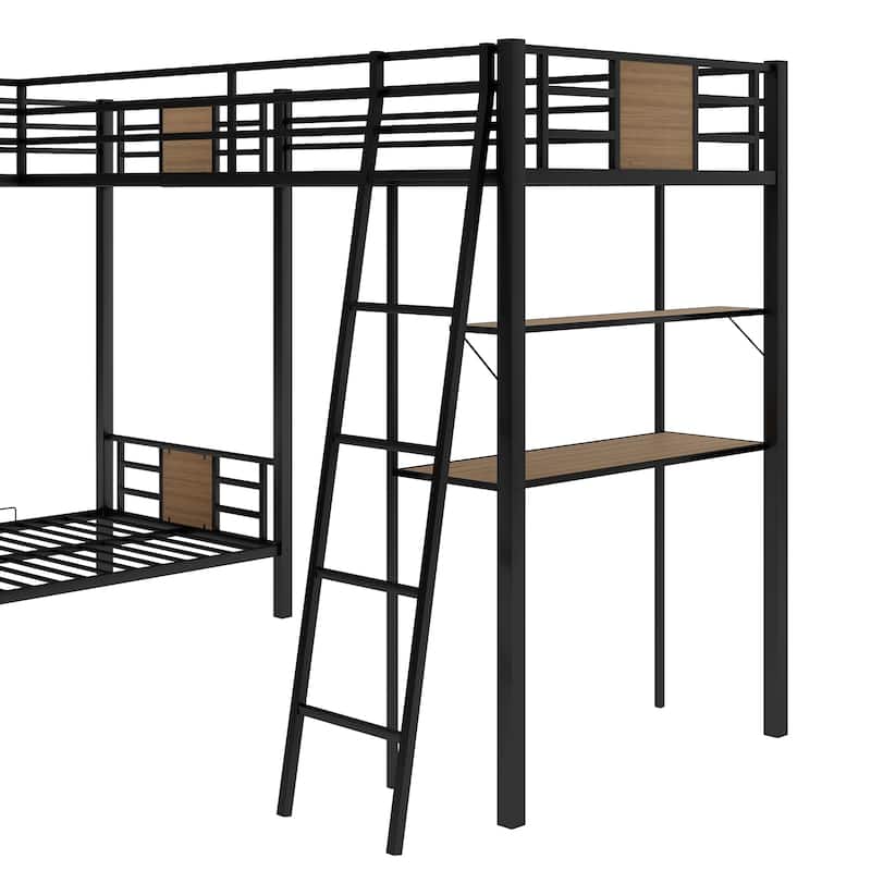 L-Shaped Twin over Twin Bunk Bed with Loft and Built-In Desk, Brown