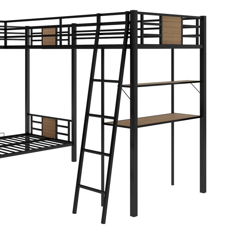 L-Shaped Twin over Twin Metal Bunk Bed Frame w/Built-in Desk & Shelves