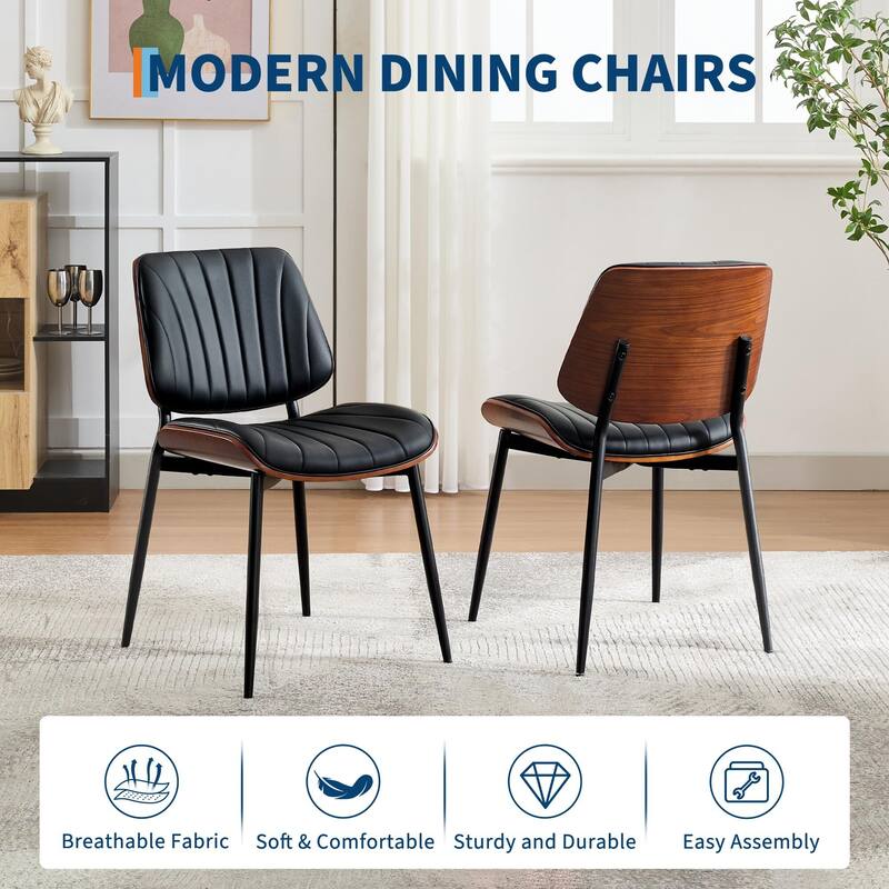 Dining Chairs Set of 2, Modern PU Leather Upholstered Accent Chairs with Shell Strips, Walnut Bentwood Back