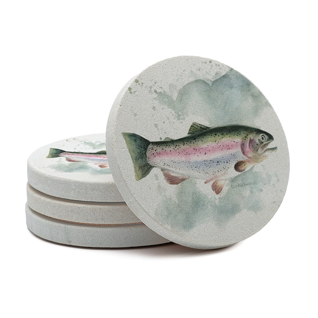 Rainbow Trout 4 Pack Round Natural Sandstone Coasters with Protective Cork Backing Manufactured in The USA