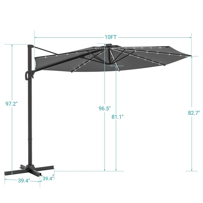 BONOSUKI Solar-powered 10FT Cantilever Patio Umbrella, Ultimate Outdoor Comfort with 360° Rotation and Canopy Angle Adjustment
