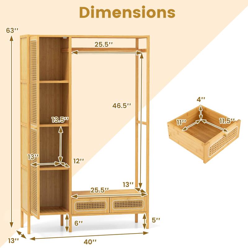 Costway Bamboo Clothing Rack with Cabinet Hanging Rod Storage Shelf & - Natural - See Details