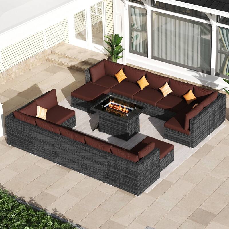 FINCATI 15-Piece Grey Wicker Patio Conversation Sofa Set with Ottomans, 43″ Fire Pit Table
