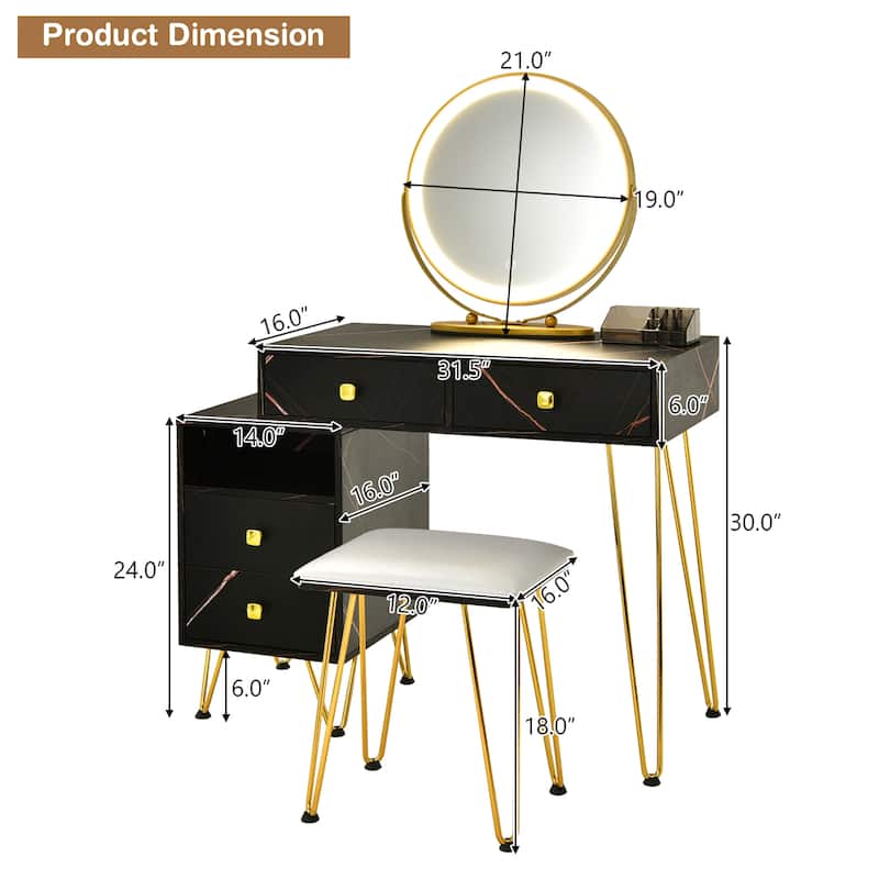 Costway Vanity Table Stool Set Dimmer LED Mirror Large Storage Cabinet - See details