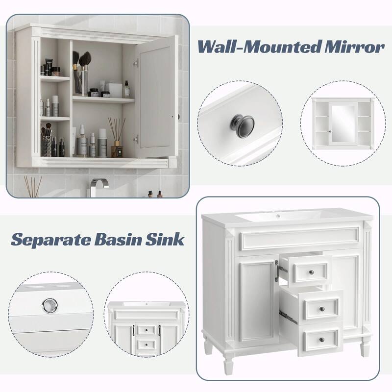 36'' Modern White Bathroom Vanity with Top Sink, Mirror Cabinet