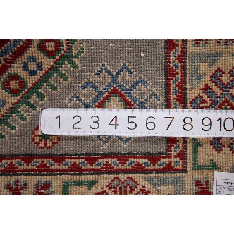 Gray Geometric Kazak Foyer Rug Hand-Knotted Wool Carpet - 3'5" x 4'11"