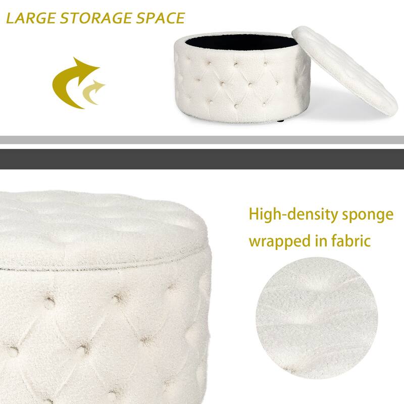 Adeco Round Storage Ottoman Button Tufted Footrest Stool Bench