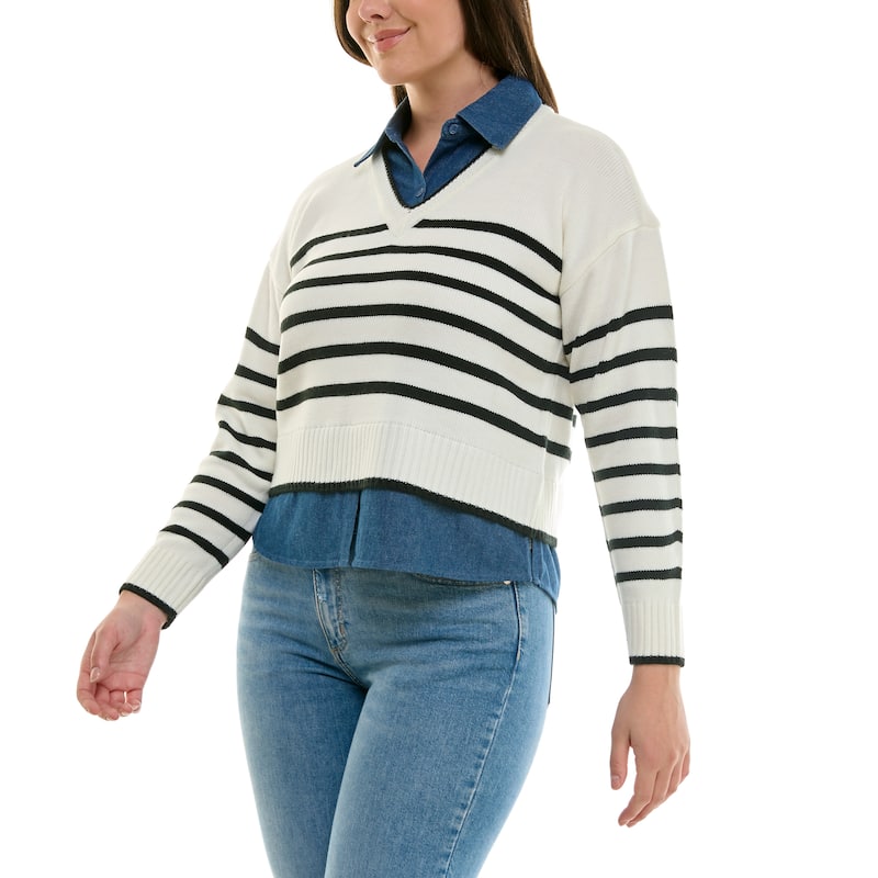 Nanette Lepore Women's Layered Striped V-Neck Sweater - S - Cannoli Cream/Black