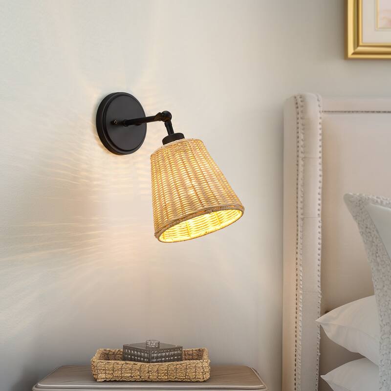 1-Light Boho Natural Rattan Hardwired Wall Sconce with Adjustable Swivel Swing Arm