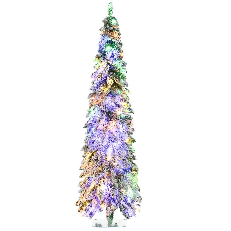 6ft Prelit Pencil Xmas Tree with 407 Snow Flocked Branches and LED Light Options
