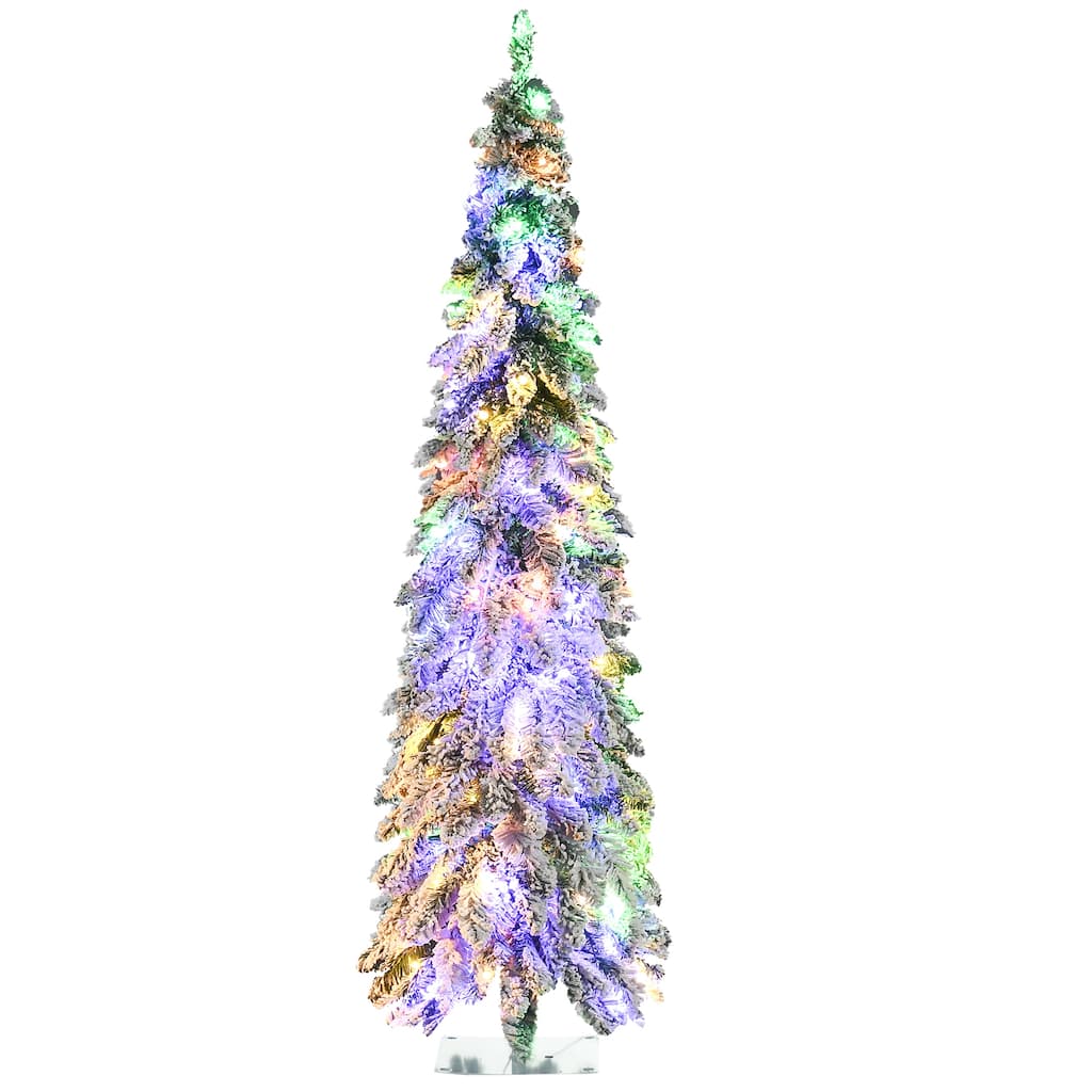 6ft Tall Prelit Pencil Artificial Christmas Tree Holiday Décor with 407 Snow Flocked Branches, Colorful LED Lights - Green