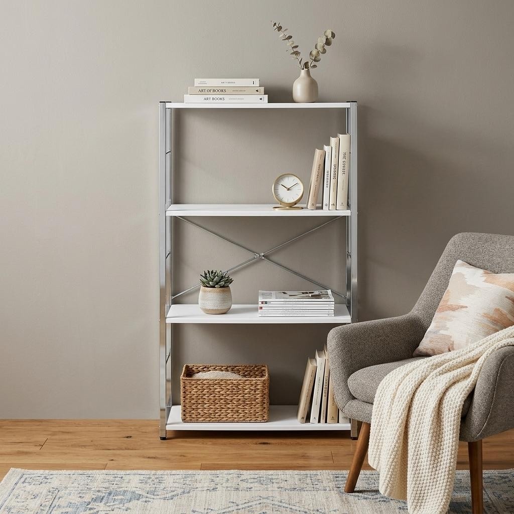 HomeRoots 42" White And Silver Metal and Wood Four Tier Etagere Bookcase