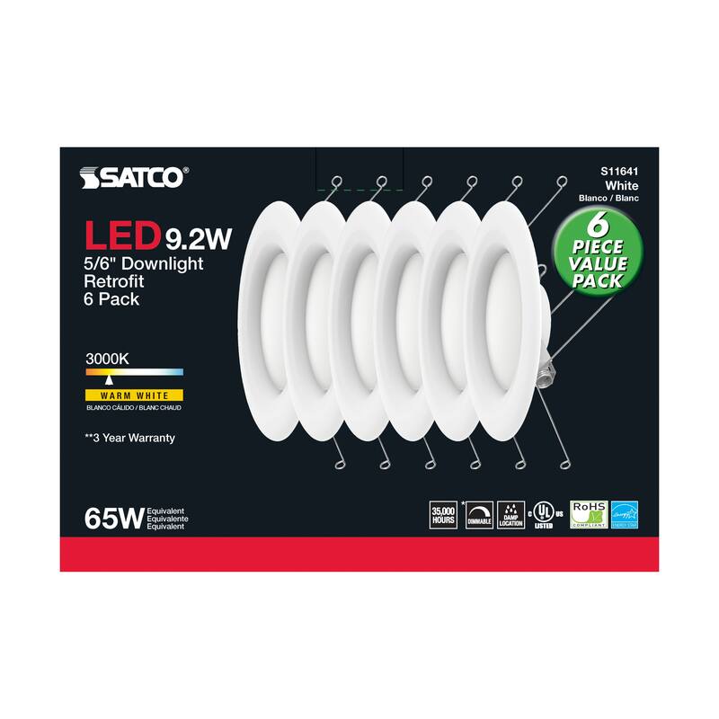 9.2 Watt LED Downlight Retrofit 5-6 inch- 90 CRI 3000K 120 Volt Pack of 6