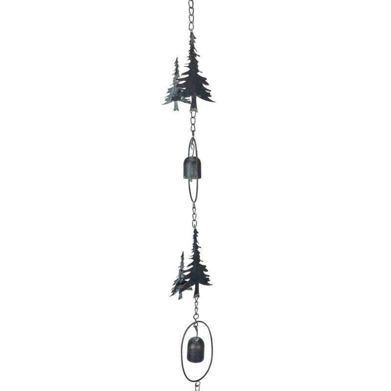 70" Metal Rain Chain - Forest Trees & Zen Bells, Aged Verdigris, 3.25" - 3.25 X 70 X 0.25 inches