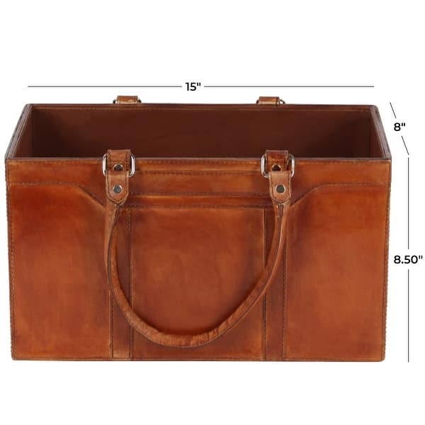 Brown Leather Handmade Box Style Single Slot Magazine Holder with Detail Stitching and Curved Handles