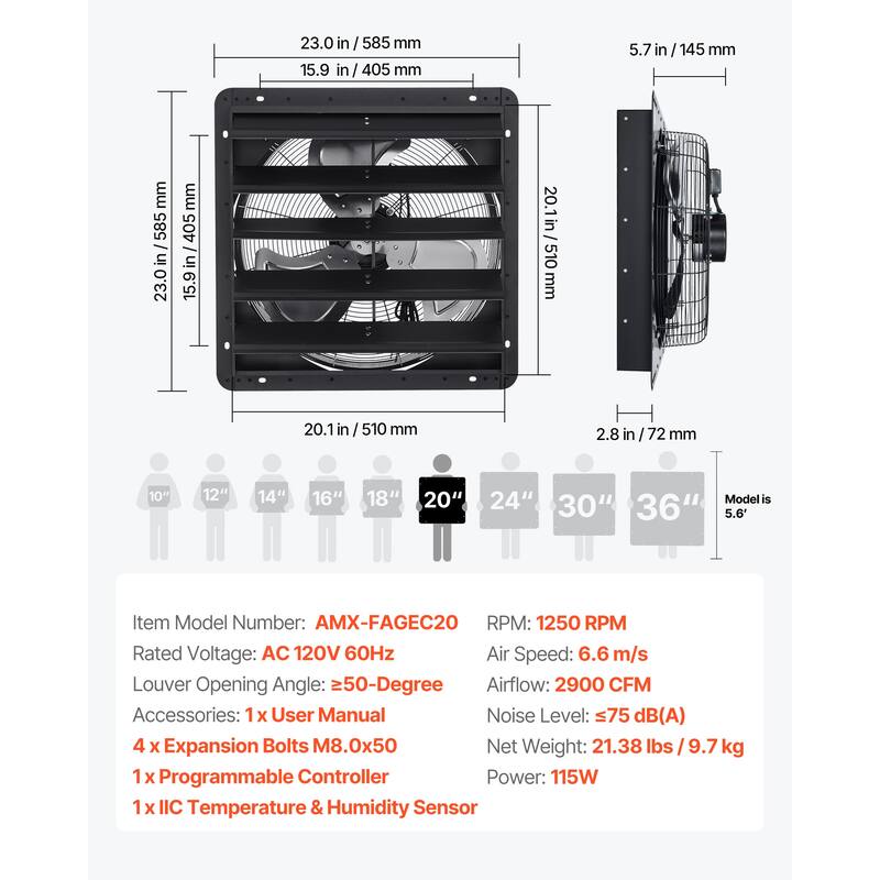 20 inch Shutter Exhaust Fan, Attic Vent Fan with Smart Programming Variable Speed Temperature Control, 2900 CFM, EC Motor