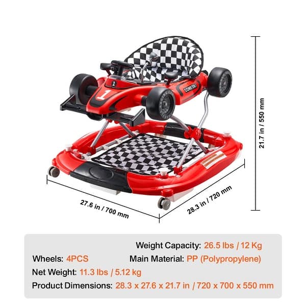 dimension image slide 1 of 2, PP 4-in-1 Baby Walker with Wheels, Music and Foldable Design - 28.3” L x 27.6” W x 21.7” H