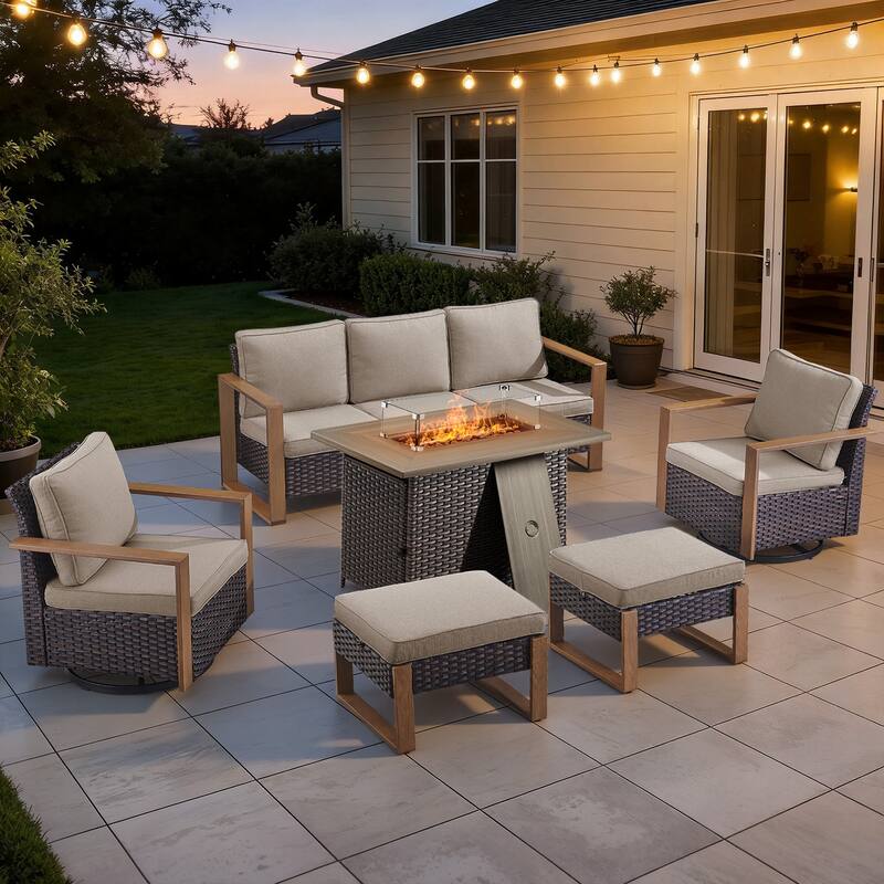Meyreso Wicker Outdoor Patio Fire Pit Set with Swivel Gliders & 4.5" Olefin Cushions - Brown / Beige Cushions - 6-Piece