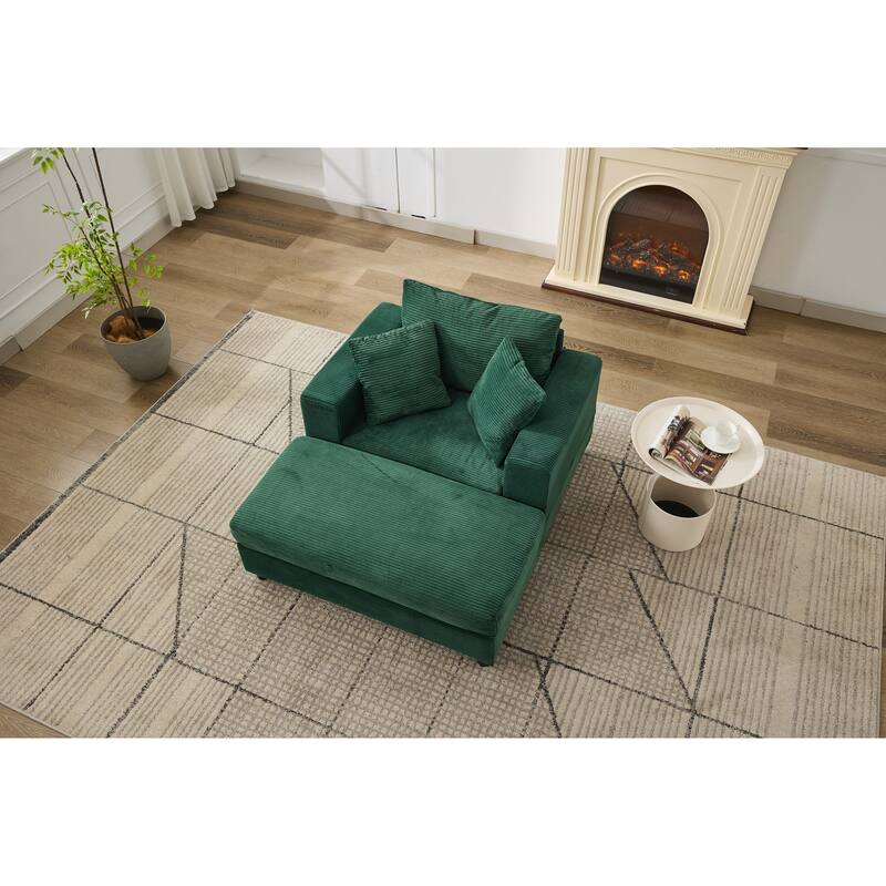 Chaise Lounge Chair with Removable Ottoman, Modern Accent Armchair Corduroy Sleeper Sofa Chair with Pillows for Living Room