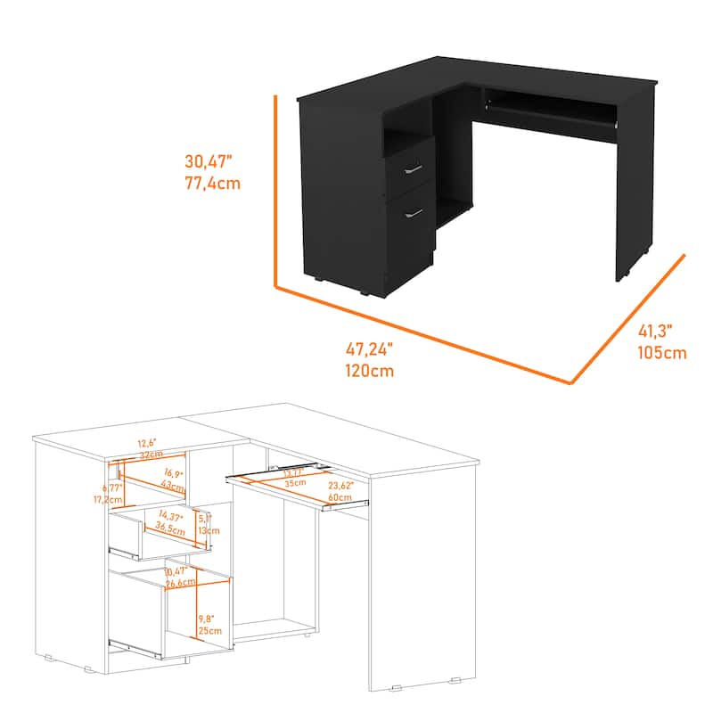 Modern L-Shaped Desk with Retractable Keyboard Tray, Sleek Metal Handles, and Sturdy Particle Board Design for Office Use