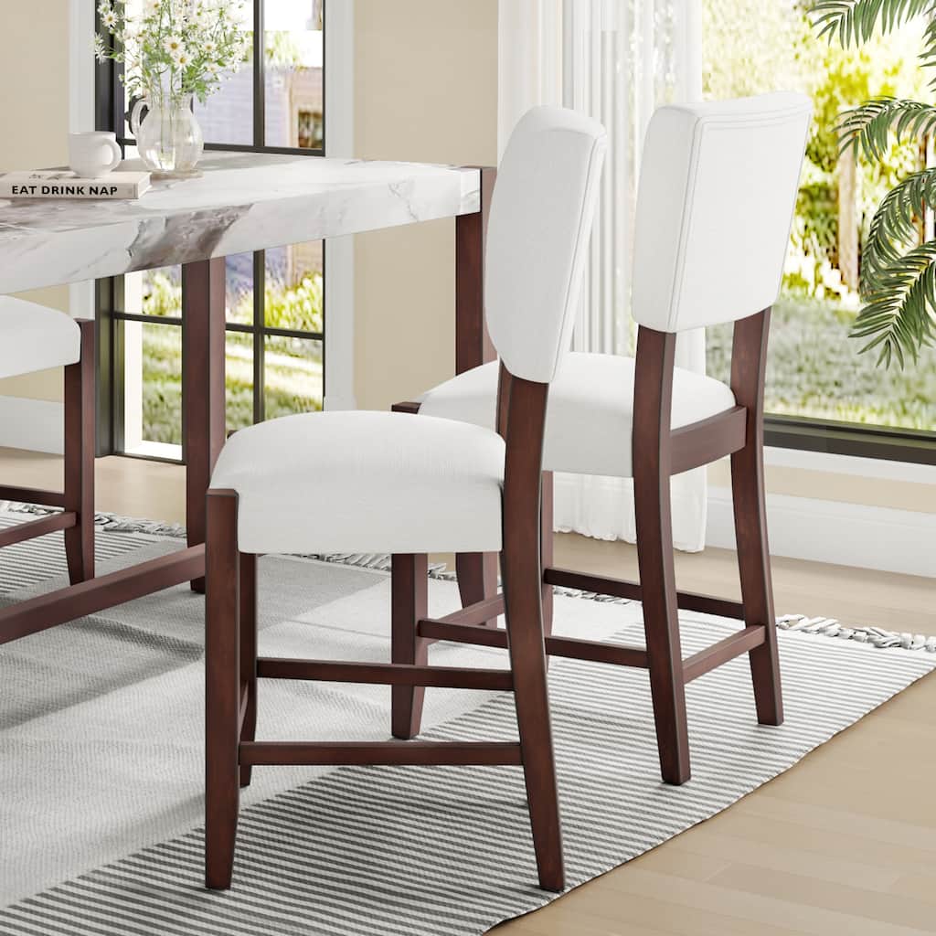 Linen Upholstered Bar Stools Set of 2, Kitchen Island Stools with Back, Breakfast Bar Chairs with Solid Wood Legs