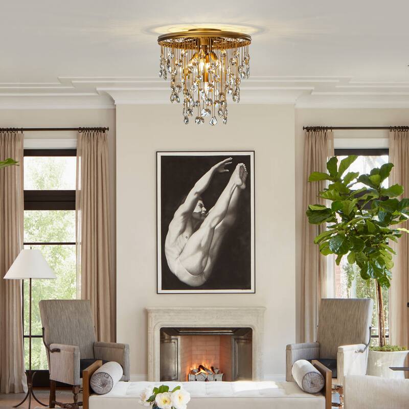 5/7-Light Contemporary and Glam Antique Gold Rain Drop Crystal Flush Mount