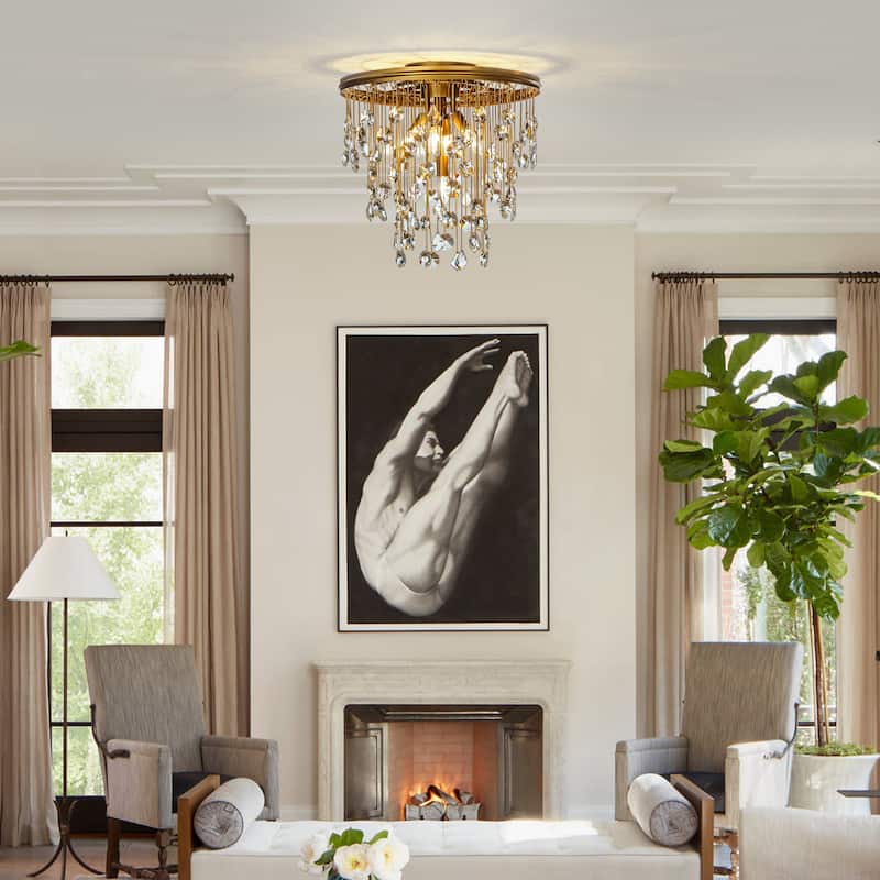 5-Light 20" Contemporary and Glam Antique Gold Rain Drop Crystal Flush Mount - Antique Gold