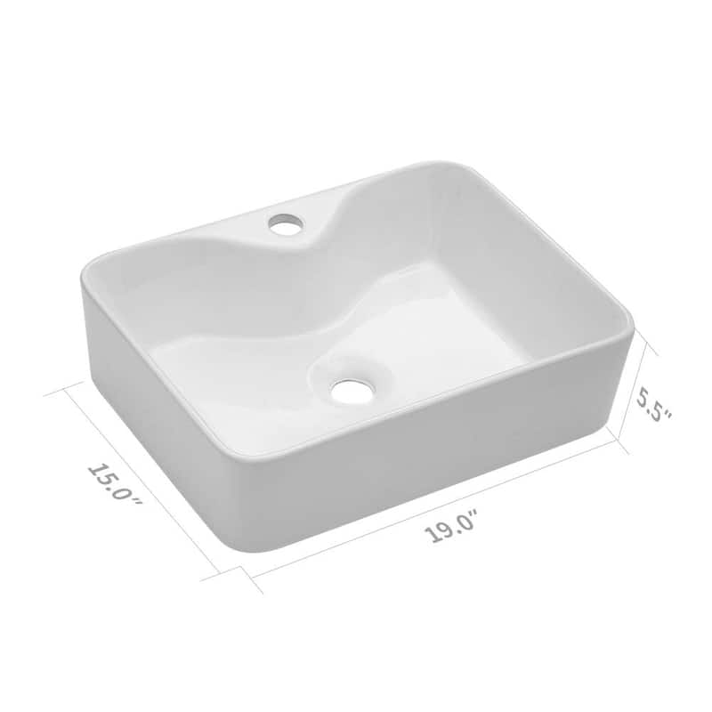Lordear 19"x15" White Ceramic Handmade Rectangular Bathroom Vessel Sink with Faucet Hole - 18.85x14.4x5.25