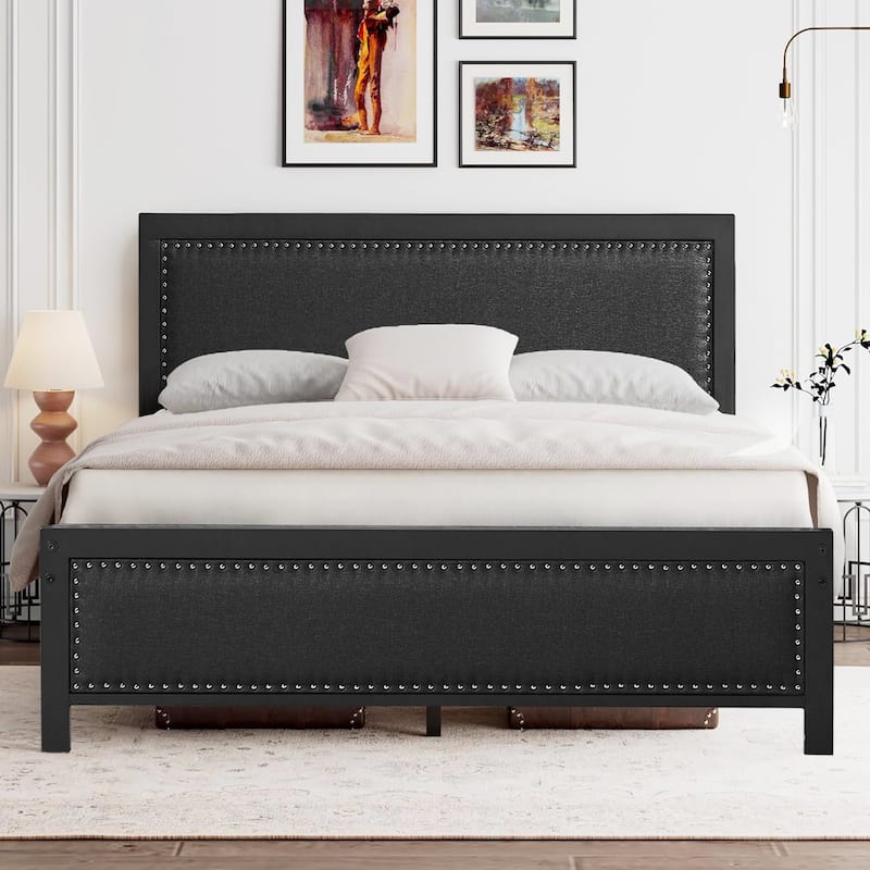 VECELO Bed Frame with Upholstered Linen Headboard and Footboard Heavy-Duty Platform with Strong Metal Slats