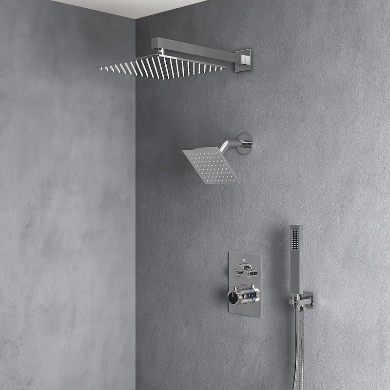 Thermostatic Shower Faucet 12" and 6" High-Pressure Dual Showerheads with Handheld Shower - Chrome