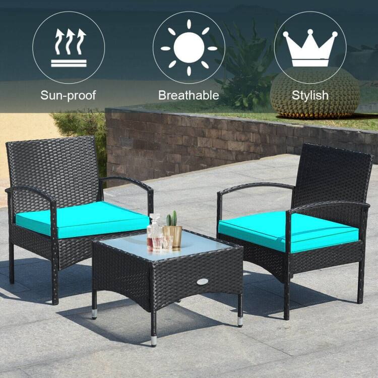 3 Pieces Patio Wicker Rattan Furniture Set with Cushion for Lawn Backyard - 19.5" x 19.5" x 15" (L x W x H)