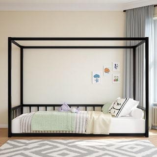 Queen Size Modern Floor Bed Frame with Canopy Structure and Full Guardrails, Low-Profile Metal Platform Bed