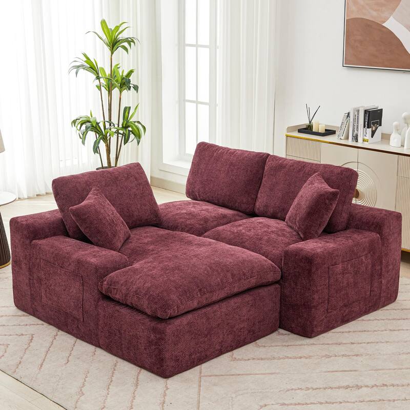 Cloud Upholstered Sectional Sleeper Sofa Deep Seat Recliner Couch with Pockets & Chaise Lounge for Living Room, Chenille 3 Seat