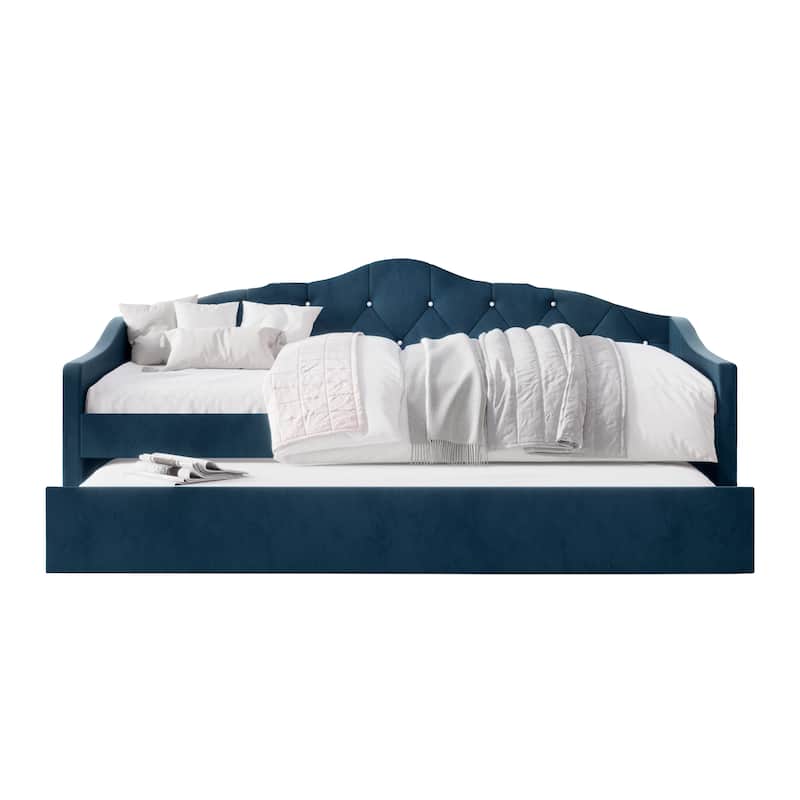 CraftPorch Glam Velvet, Crystal Button Tufted Twin Daybed with Trundle - Navy Blue. - Twin